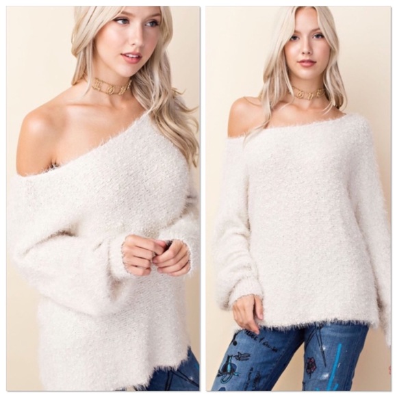 CCO SALE Cream Fuzzy Off Shoulder Sweater - Picture 2 of 2